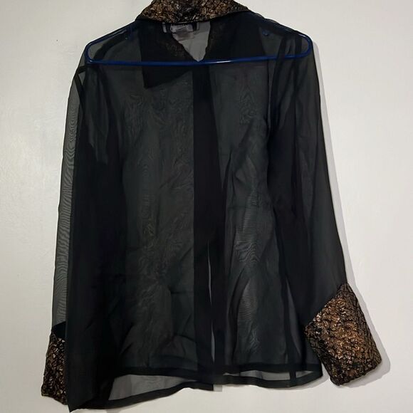 Ribkoff Trends VTG Sheer Black Blouse Button Front Ruched Trim Collared Cuffed - Picture 7 of 8